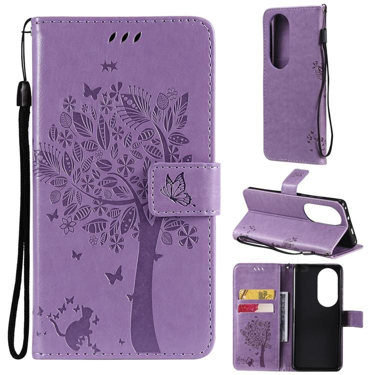 Embossing Butterfly Tree Leather Wallet Case for Huawei P50 Pro - Violet