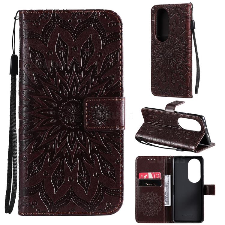 Embossing Sunflower Leather Wallet Case for Huawei P50 Pro - Brown