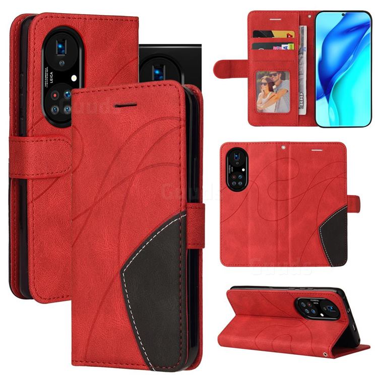 Luxury Two-color Stitching Leather Wallet Case Cover for Huawei P50 Pro - Red