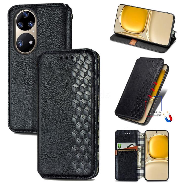 Ultra Slim Fashion Business Card Magnetic Automatic Suction Leather Flip Cover for Huawei P50 Pro - Black