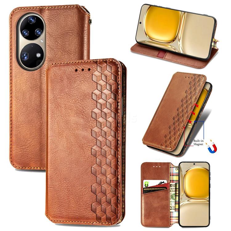 Ultra Slim Fashion Business Card Magnetic Automatic Suction Leather Flip Cover for Huawei P50 Pro - Brown