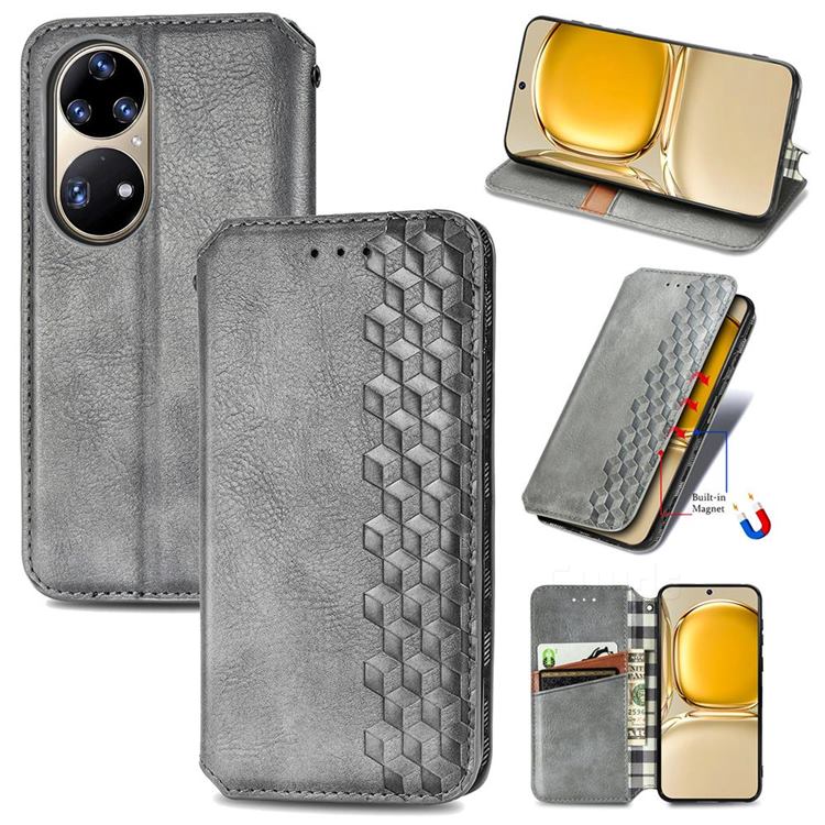 Ultra Slim Fashion Business Card Magnetic Automatic Suction Leather Flip Cover for Huawei P50 Pro - Grey