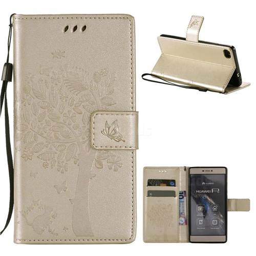 Embossing Butterfly Tree Leather Wallet Case for Huawei P8 - Champagne