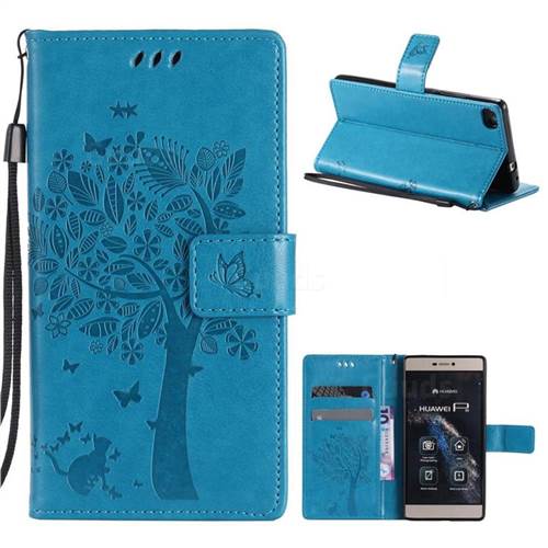 Embossing Butterfly Tree Leather Wallet Case for Huawei P8 - Blue
