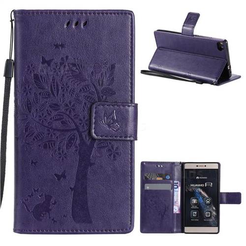 Embossing Butterfly Tree Leather Wallet Case for Huawei P8 - Purple
