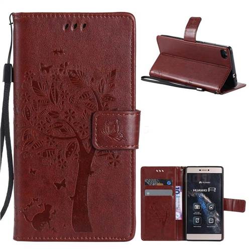 Embossing Butterfly Tree Leather Wallet Case for Huawei P8 - Brown