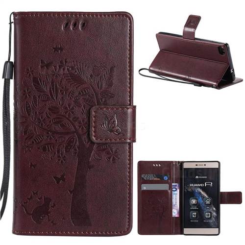 Embossing Butterfly Tree Leather Wallet Case for Huawei P8 - Coffee
