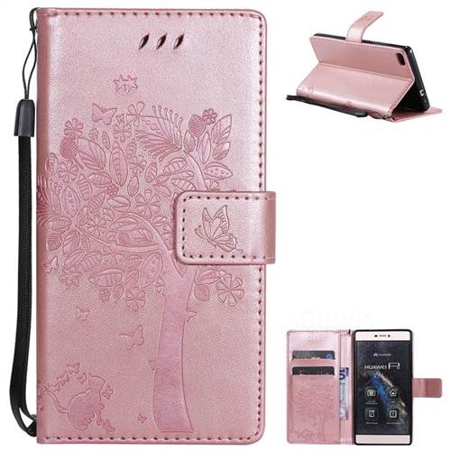 Embossing Butterfly Tree Leather Wallet Case for Huawei P8 - Rose Pink
