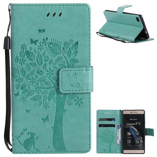 Embossing Butterfly Tree Leather Wallet Case for Huawei P8 - Cyan
