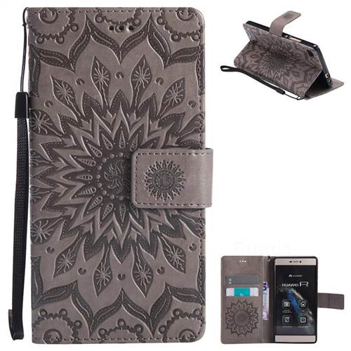 Embossing Sunflower Leather Wallet Case for Huawei P8 - Gray