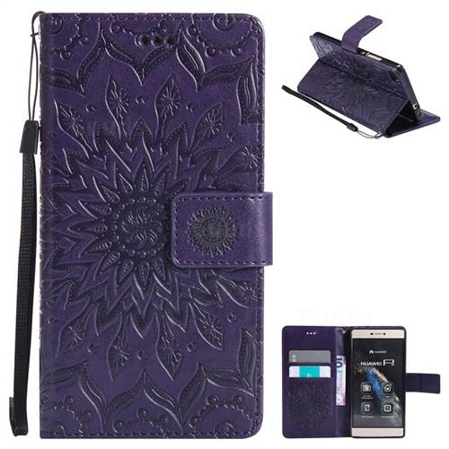 Embossing Sunflower Leather Wallet Case for Huawei P8 - Purple