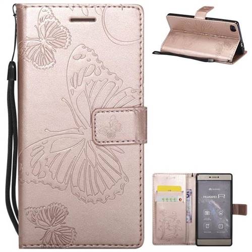Embossing 3D Butterfly Leather Wallet Case for Huawei P8 - Rose Gold