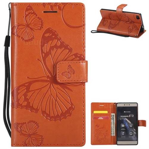 Embossing 3D Butterfly Leather Wallet Case for Huawei P8 - Orange