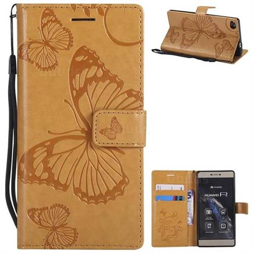 Embossing 3D Butterfly Leather Wallet Case for Huawei P8 - Yellow