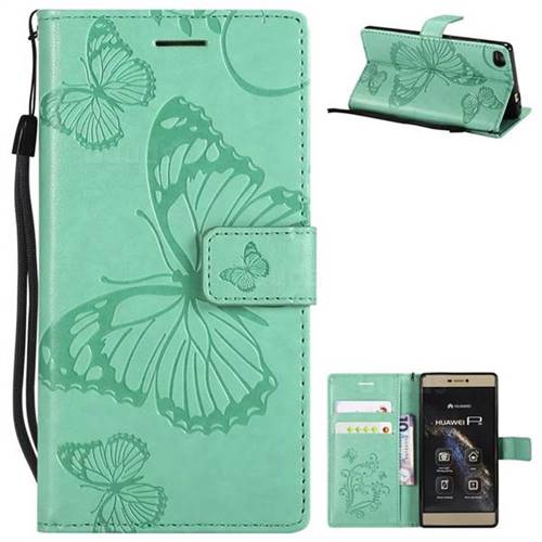 Embossing 3D Butterfly Leather Wallet Case for Huawei P8 - Green