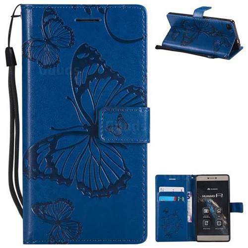 Embossing 3D Butterfly Leather Wallet Case for Huawei P8 - Blue