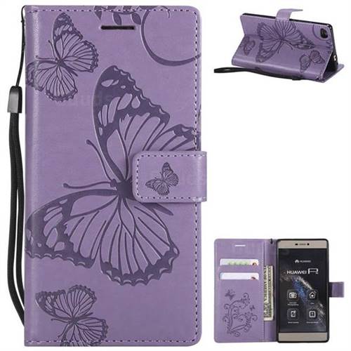 Embossing 3D Butterfly Leather Wallet Case for Huawei P8 - Purple
