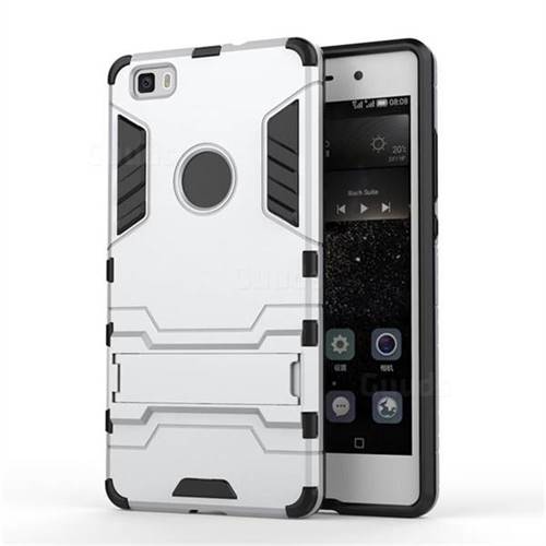 Armor Premium Tactical Grip Kickstand Shockproof Dual Layer Rugged Hard Cover for Huawei P8 Lite P8lite - Silver