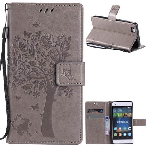 Embossing Butterfly Tree Leather Wallet Case for Huawei P8 Lite P8lite - Grey