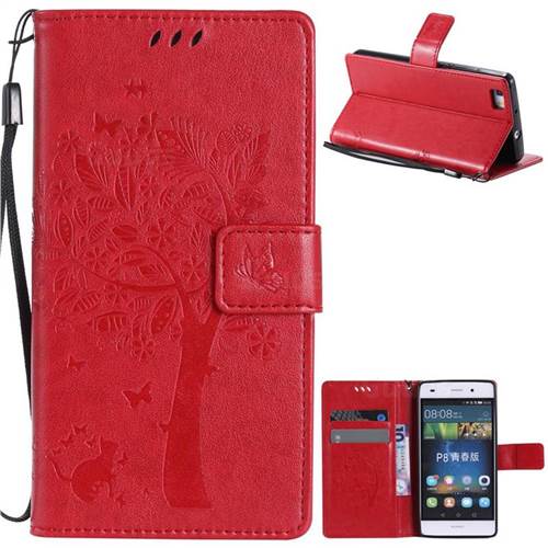Embossing Butterfly Tree Leather Wallet Case for Huawei P8 Lite P8lite - Red
