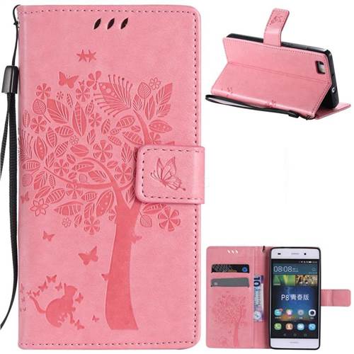 Embossing Butterfly Tree Leather Wallet Case for Huawei P8 Lite P8lite - Pink