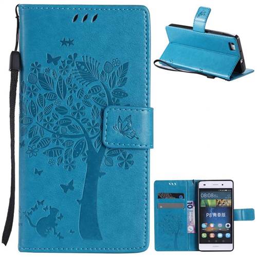 Embossing Butterfly Tree Leather Wallet Case for Huawei P8 Lite P8lite - Blue