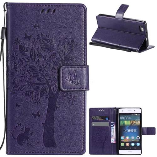 Embossing Butterfly Tree Leather Wallet Case for Huawei P8 Lite P8lite - Purple