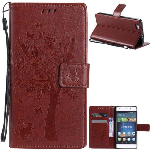 Embossing Butterfly Tree Leather Wallet Case for Huawei P8 Lite P8lite - Brown