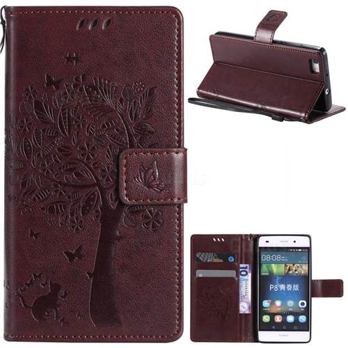 Embossing Butterfly Tree Leather Wallet Case for Huawei P8 Lite P8lite - Coffee