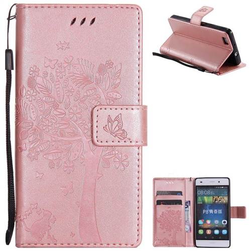 Embossing Butterfly Tree Leather Wallet Case for Huawei P8 Lite P8lite - Rose Pink