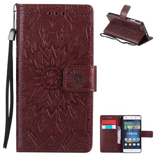 Embossing Sunflower Leather Wallet Case for Huawei P8 Lite P8lite - Brown