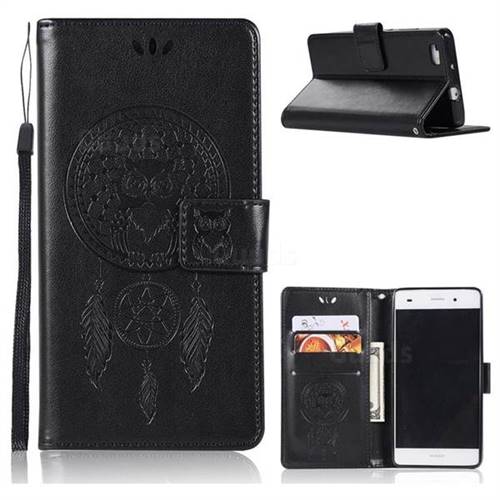 Intricate Embossing Owl Campanula Leather Wallet Case for Huawei P8 Lite P8lite - Black