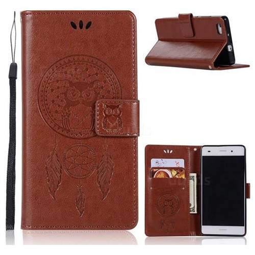 Intricate Embossing Owl Campanula Leather Wallet Case for Huawei P8 Lite P8lite - Brown