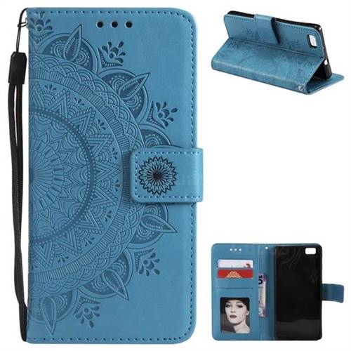 Intricate Embossing Datura Leather Wallet Case for Huawei P8 Lite P8lite - Blue
