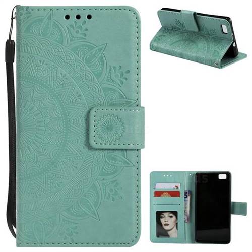 Intricate Embossing Datura Leather Wallet Case for Huawei P8 Lite P8lite - Mint Green