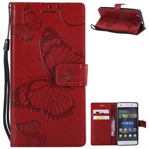 Embossing 3D Butterfly Leather Wallet Case for Huawei P8 Lite P8lite - Red