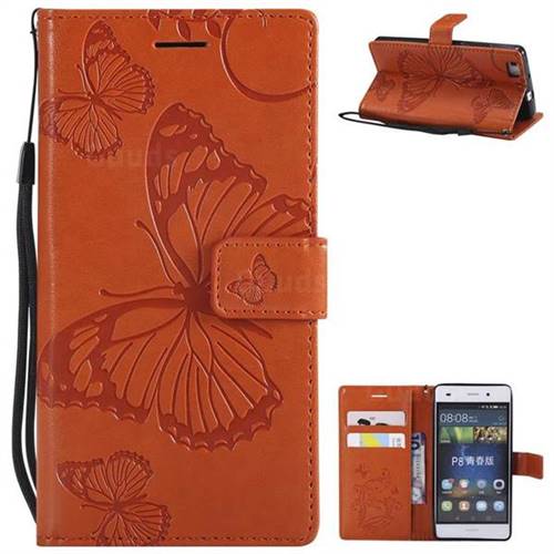 Embossing 3D Butterfly Leather Wallet Case for Huawei P8 Lite P8lite - Orange