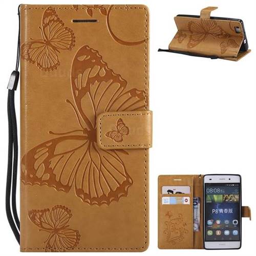 Embossing 3D Butterfly Leather Wallet Case for Huawei P8 Lite P8lite - Yellow