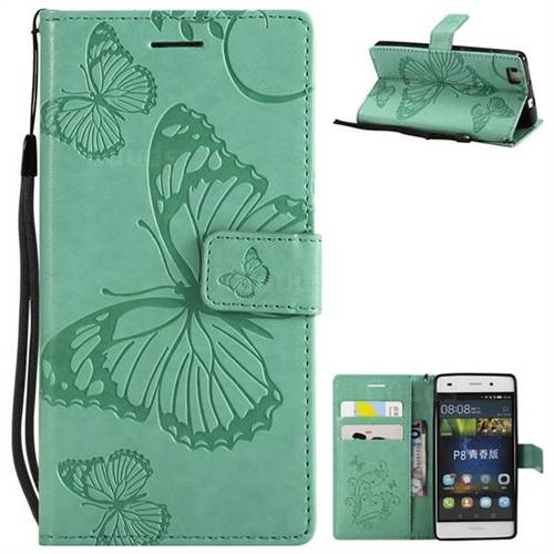 Embossing 3D Butterfly Leather Wallet Case for Huawei P8 Lite P8lite - Green