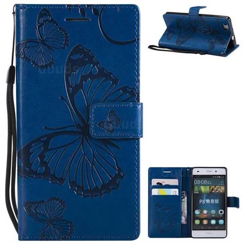 Embossing 3D Butterfly Leather Wallet Case for Huawei P8 Lite P8lite - Blue