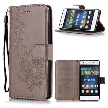 Intricate Embossing Dandelion Butterfly Leather Wallet Case for Huawei P8 Lite P8lite - Gray