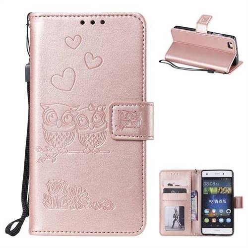 Embossing Owl Couple Flower Leather Wallet Case for Huawei P8 Lite P8lite - Rose Gold