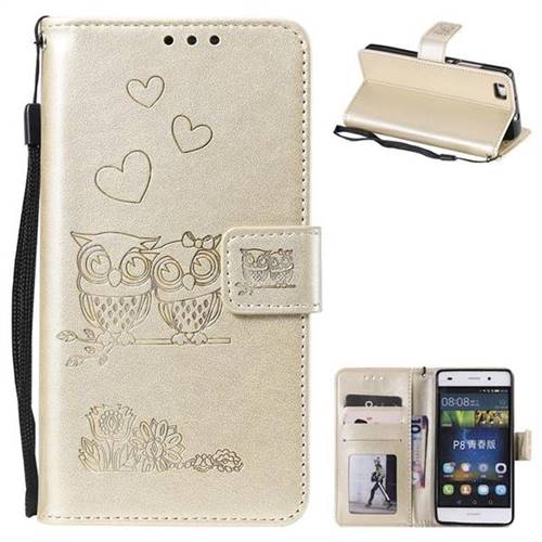 Embossing Owl Couple Flower Leather Wallet Case for Huawei P8 Lite P8lite - Golden