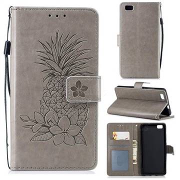 Embossing Flower Pineapple Leather Wallet Case for Huawei P8 Lite P8lite - Gray