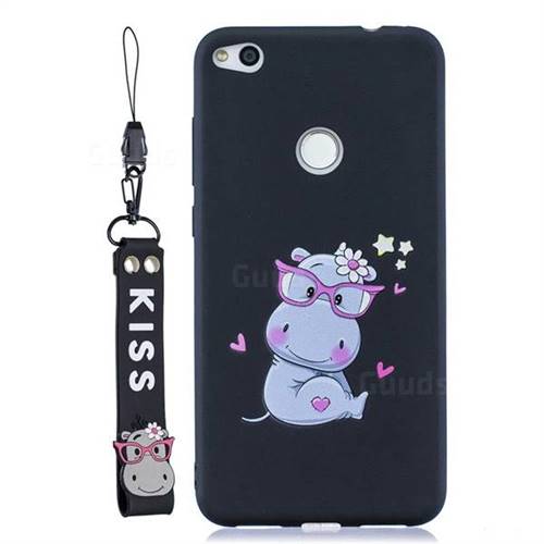 Black Flower Hippo Soft Kiss Candy Hand Strap Silicone Case for Huawei P8 Lite 2017 / P9 Honor 8 Nova Lite