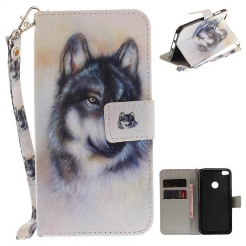 Snow Wolf Hand Strap Leather Wallet Case for Huawei P8 Lite 2017 / P9 Honor 8 Nova Lite