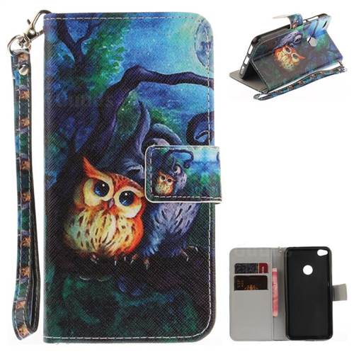 Oil Painting Owl Hand Strap Leather Wallet Case for Huawei P8 Lite 2017 / P9 Honor 8 Nova Lite