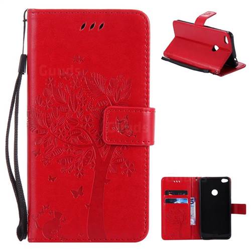 Embossing Butterfly Tree Leather Wallet Case for Huawei P8 Lite 2017 / P9 Honor 8 Nova Lite - Red