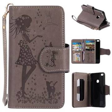 Embossing Cat Girl 9 Card Leather Wallet Case for Huawei P8 Lite 2017 / P9 Honor 8 Nova Lite - Gray