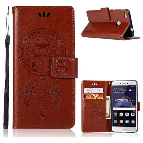 Intricate Embossing Owl Campanula Leather Wallet Case for Huawei P8 Lite 2017 / P9 Honor 8 Nova Lite - Brown